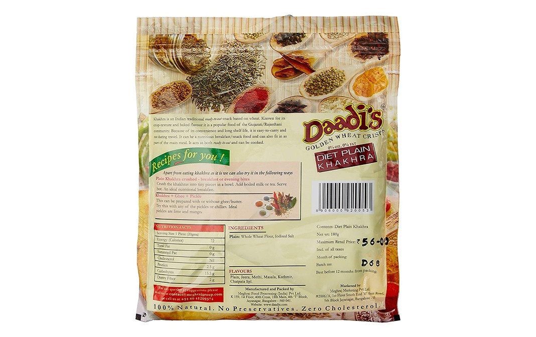Daadi's Golden Wheat Crisps Diet Plain Khakhra   Pack  180 grams